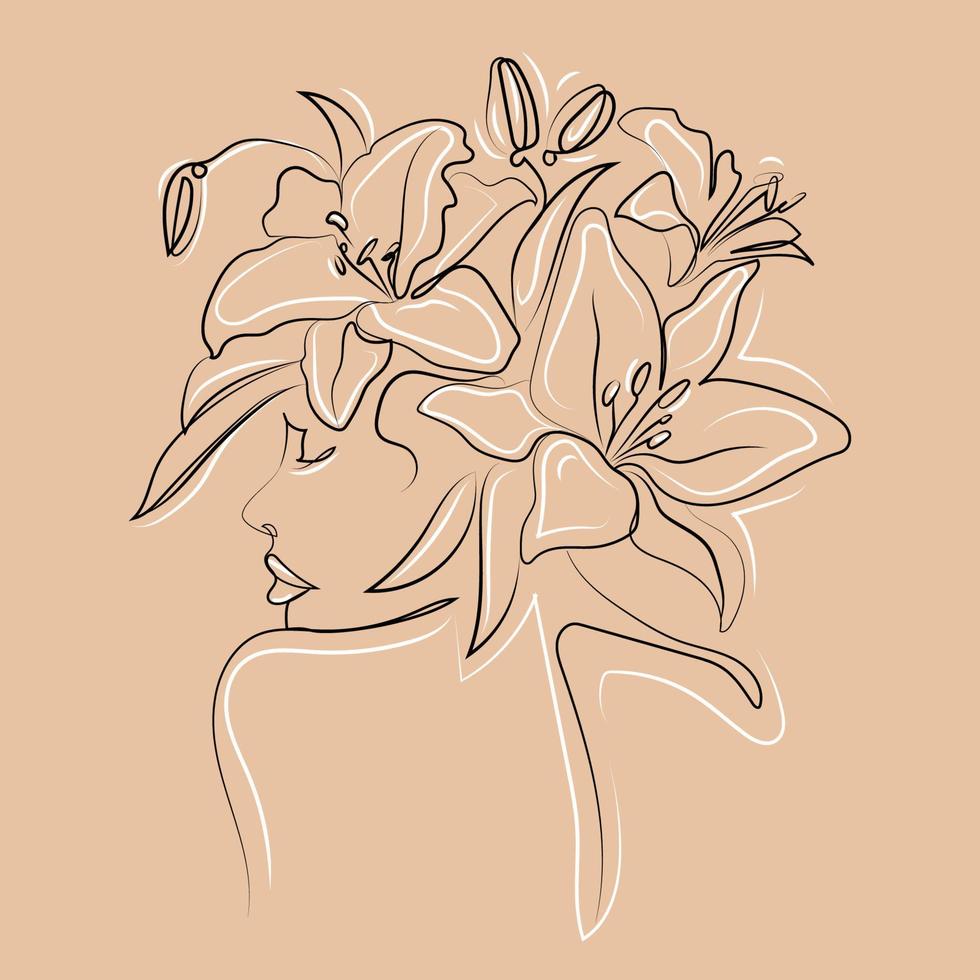 visage de femme minimaliste ligne abstraite moderne avec des fleurs de Lys sur la tête illustration vectorielle sur fond beige nu.tête de dessin au trait de fleurs.conception d'emblème de femme fleur, impression de mode, cosmétiques vecteur