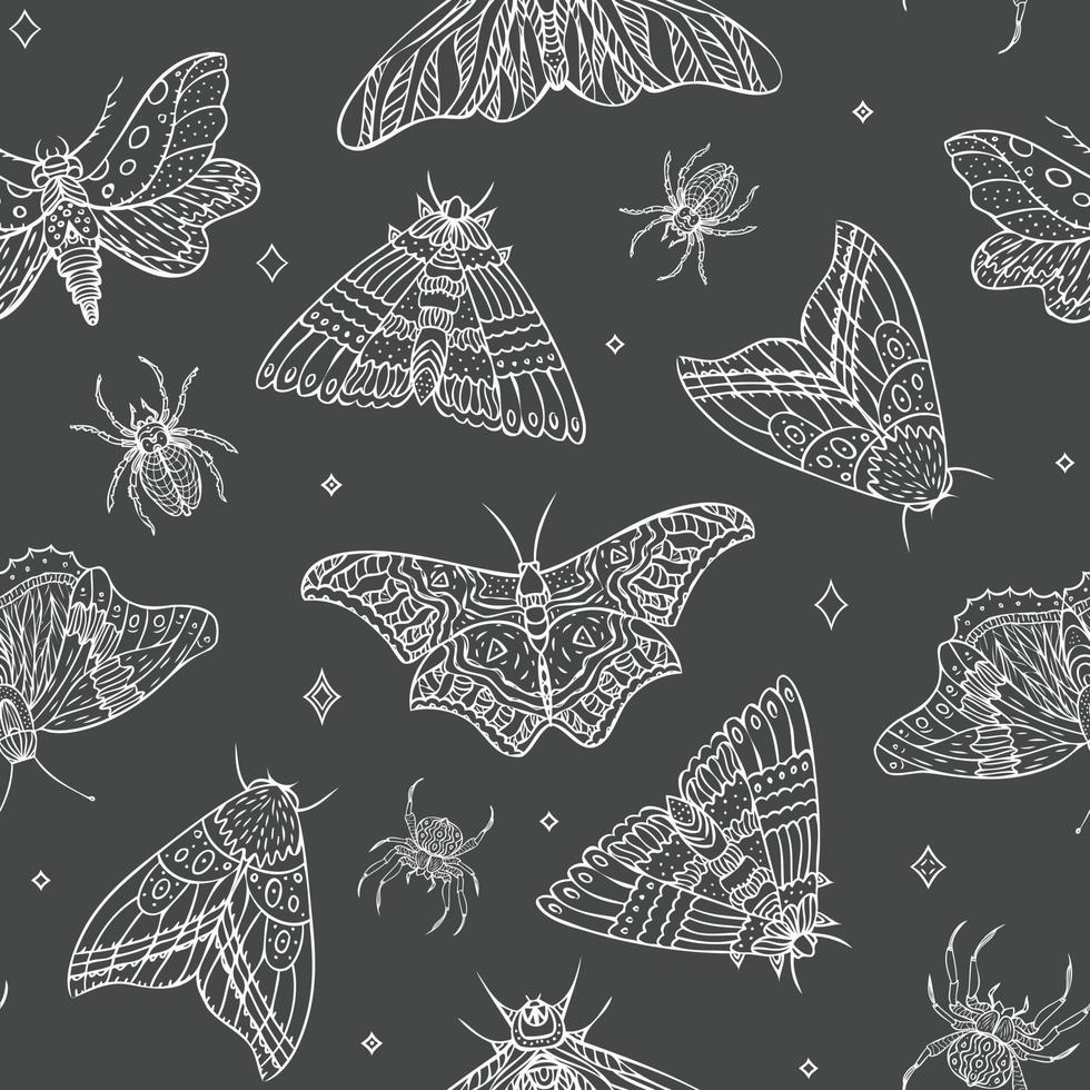 modèle sans couture de papillons de nuit vectoriels et d'araignées. illustration dessinée à la main. fond noir et blanc. vecteur