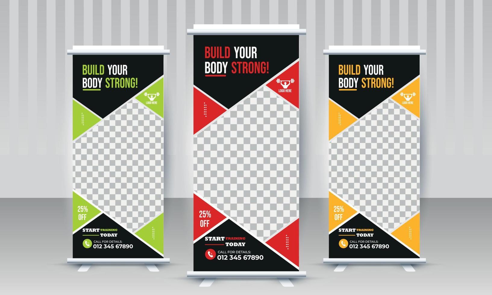 construire votre corps solide fitness gym business standee rollup banner design avec trois variantes de couleur rouge orange vert modèle vectoriel
