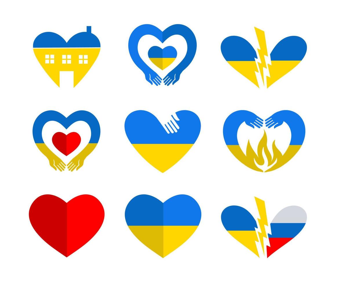 ensemble de coeurs aux couleurs du drapeau ukrainien vecteur