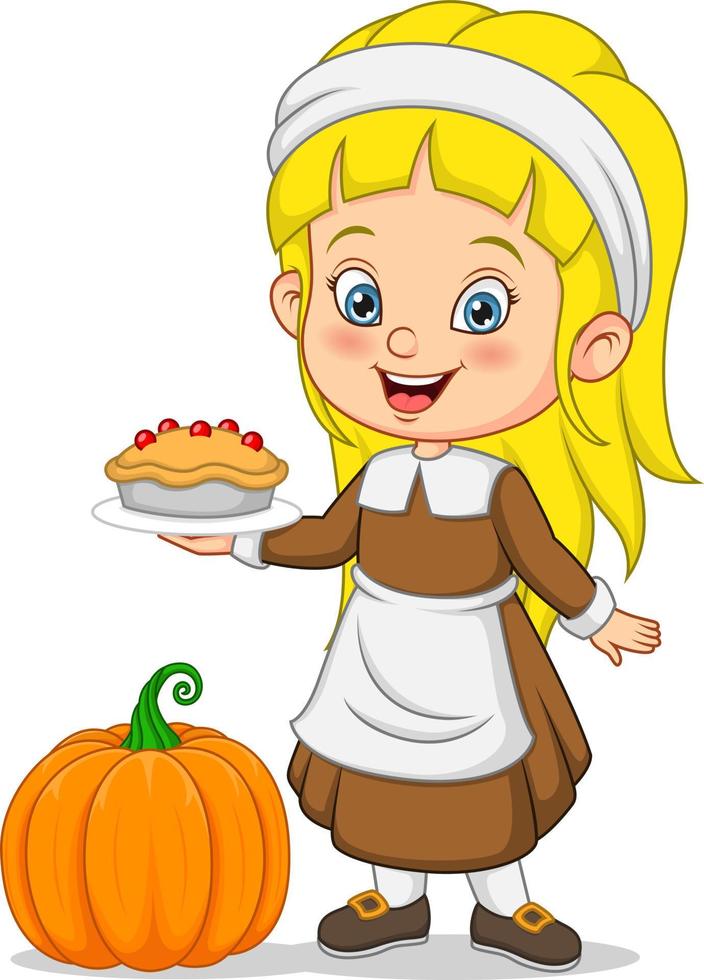 mignon petit pèlerin fille dessin animé tenant une tarte à la citrouille vecteur