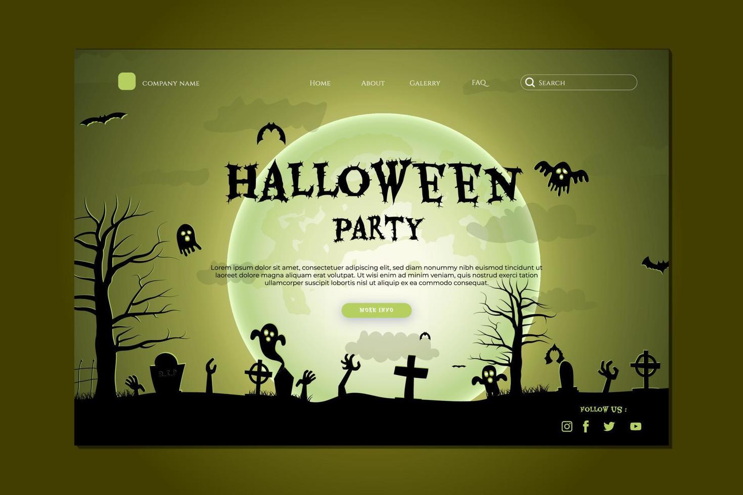 conception de site Web joyeux halloween. modèle de page de destination halloween plat avec des silhouettes de citrouilles, de chauves-souris et de maison hantée vecteur