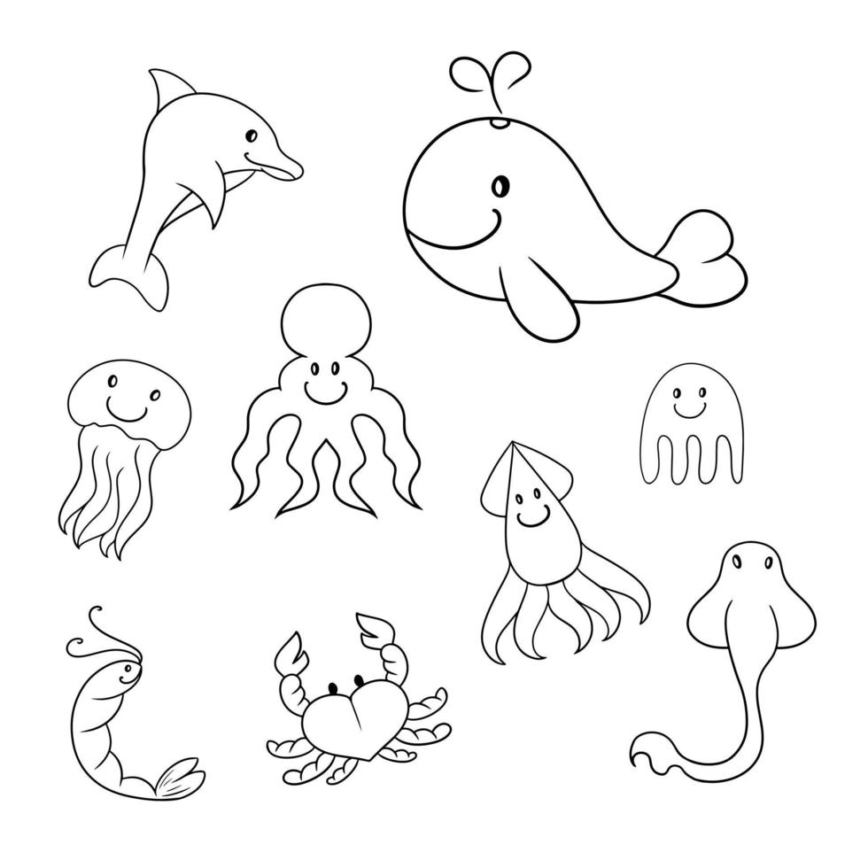 ensemble monochrome d'icônes, personnages de la mer, grosse baleine, calmar et raie, méduse, crabe et crevette, illustration vectorielle en style cartoon vecteur