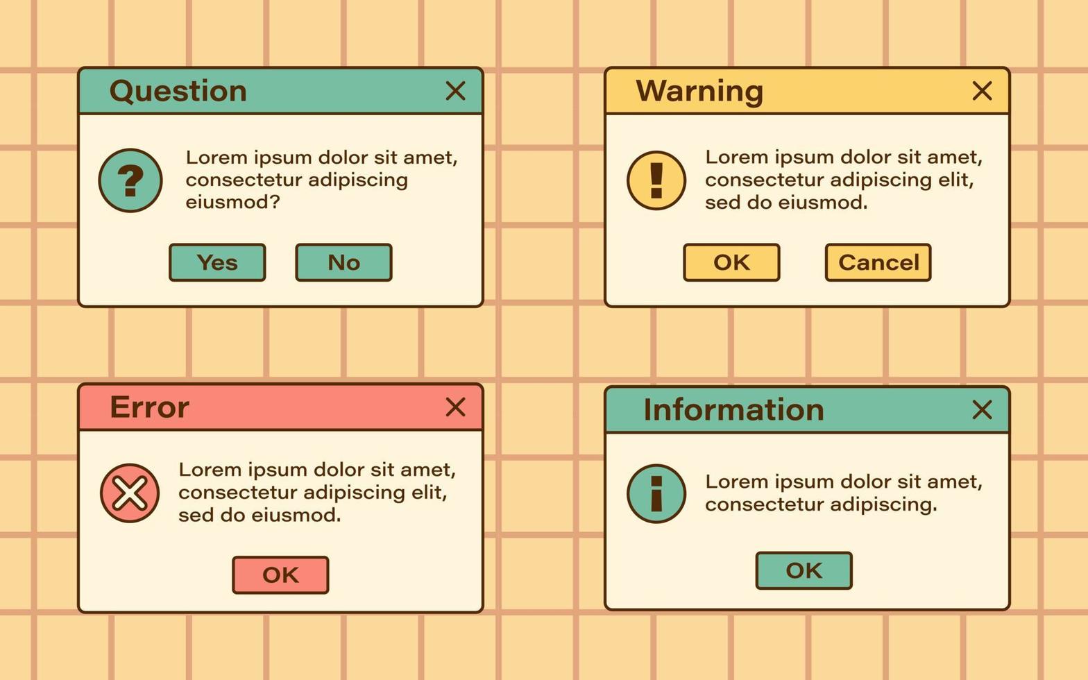 ensemble vectoriel de fenêtres modales vaporwave rétro. fenêtres de dialogue d'erreur, d'information, d'avertissement et de question vintage. interface utilisateur nostalgique. interface informatique rétro.