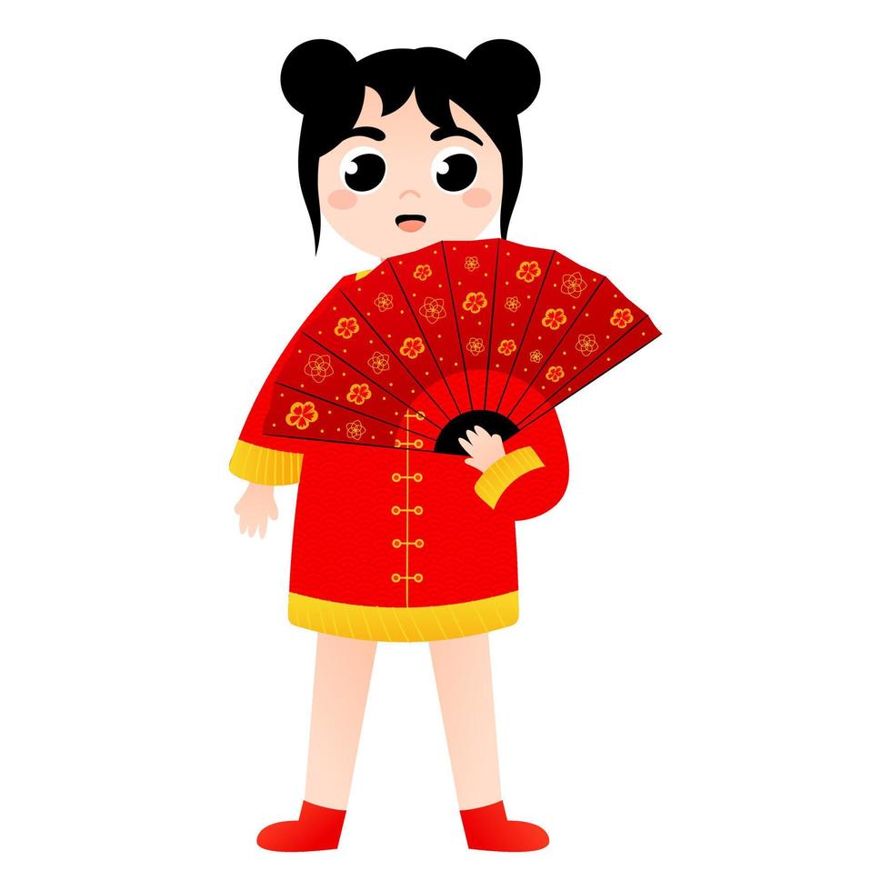 jolie fille en costume national chinois tenant un éventail rouge avec des fleurs dorées en style cartoon pour le nouvel an lunaire vecteur