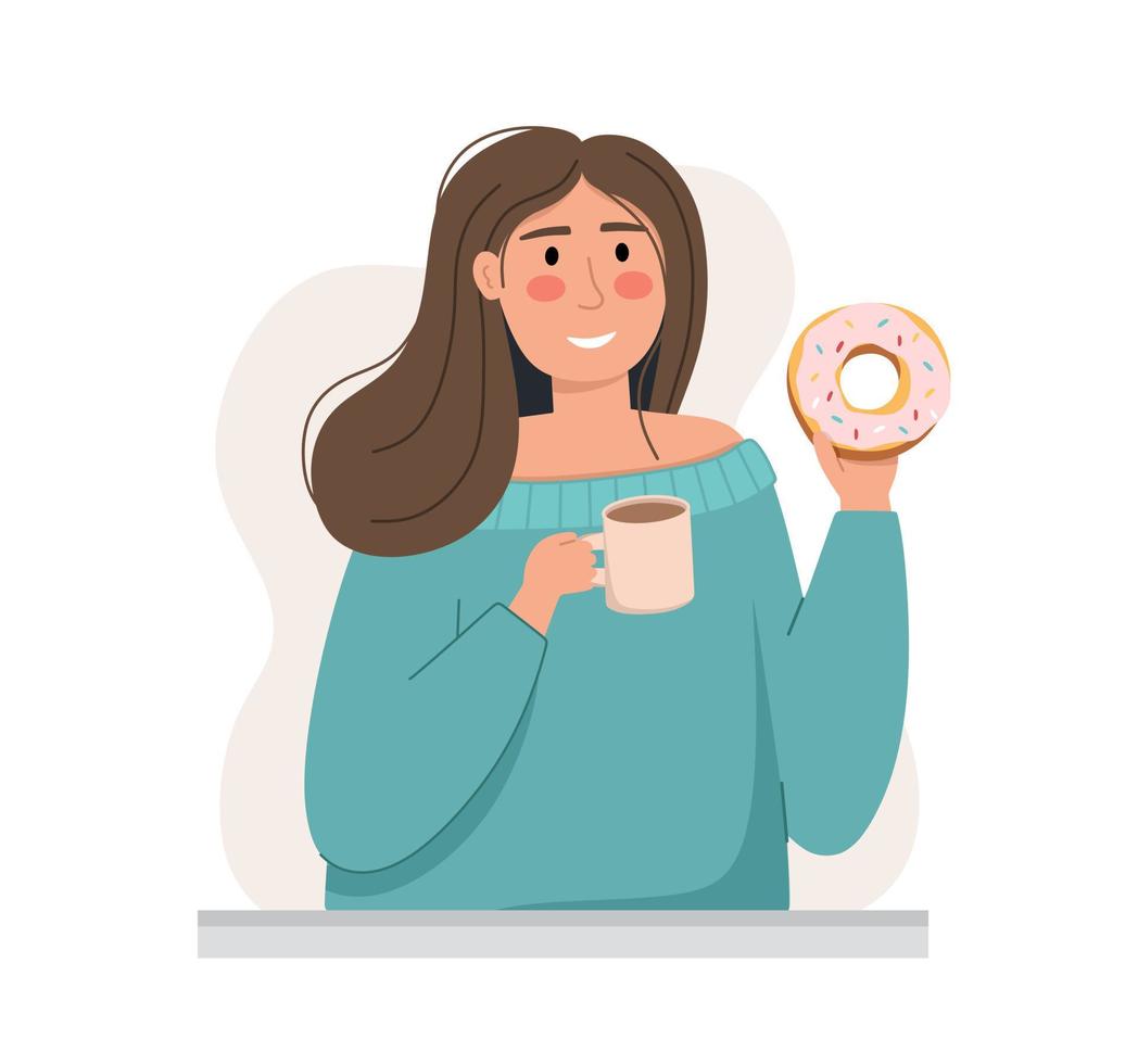 une fille dans une veste turquoise avec une tasse de café et un dessert. le concept d'un café et d'amateurs de café. illustration vectorielle dans un style plat vecteur