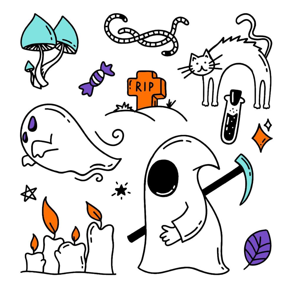 ensemble d'éléments d'halloween illustration de conception de vecteur de style doodle isolé sur fond blanc