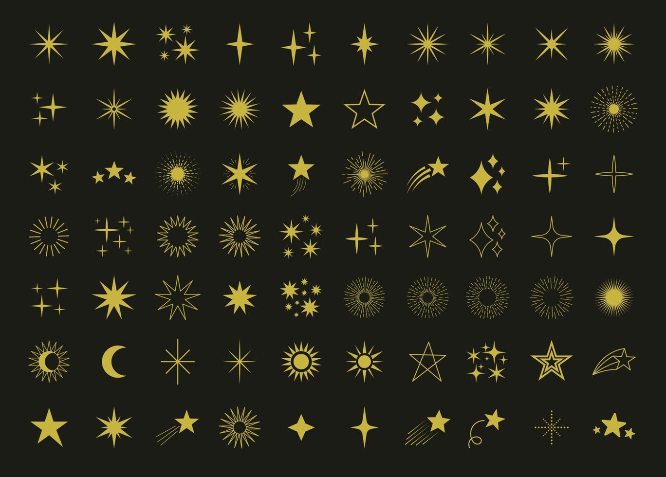 ensemble d'étoiles dorées, étoiles scintillantes, étincelles, éclat brillant. étoiles vectorielles dans le style d'art en ligne doodle sur fond noir vecteur