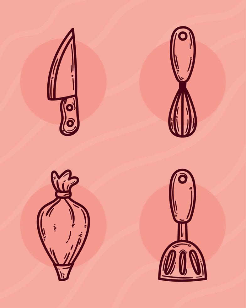 quatre icônes d'ustensiles de cuisine vecteur