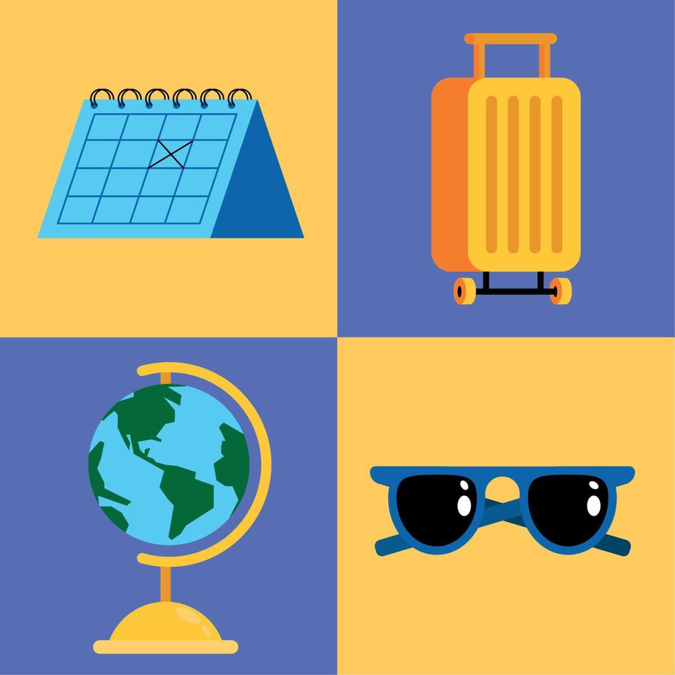 quatre icônes de vacances de voyage vecteur