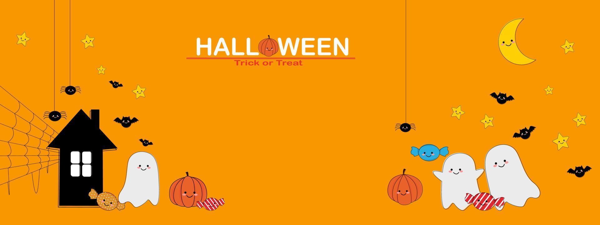bannière d'halloween heureux ou arrière-plan d'invitation à une fête. halloween sur fond orange. araignée bonbon citrouille fantôme mignonne vecteur