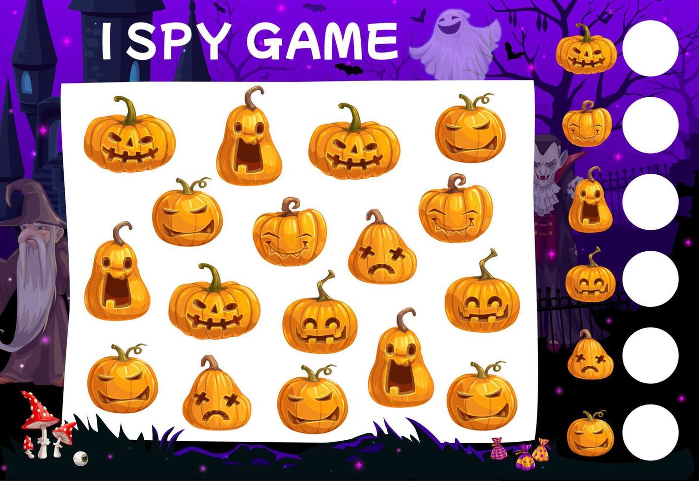 J'espionne un jeu avec des visages de citrouilles étranges d'Halloween vecteur