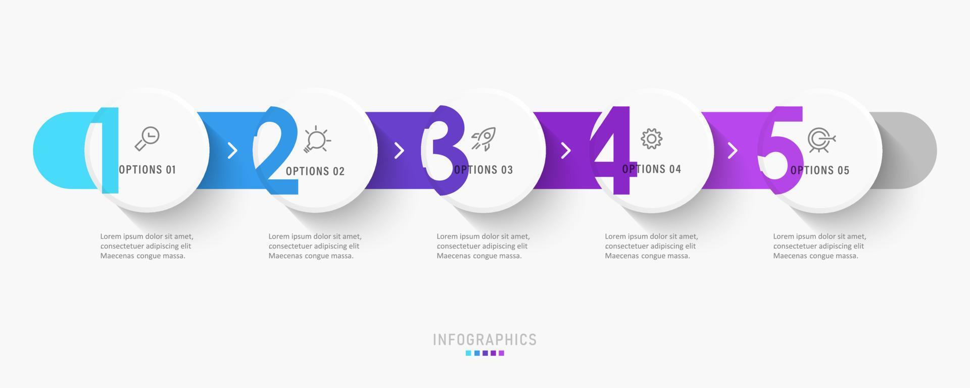 modèle de conception d'étiquettes infographiques vectorielles avec icônes et 5 options ou étapes. peut être utilisé pour le diagramme de processus, les présentations, la mise en page du flux de travail, la bannière, l'organigramme, le graphique d'informations. vecteur