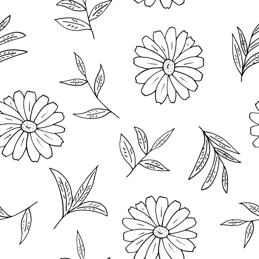 camomille et feuilles de thé motif harmonieux dessiné à la main dans un style doodle. , minimalisme, monochrome, scandinave. papier peint, papier d'emballage, textiles, arrière-plan vecteur