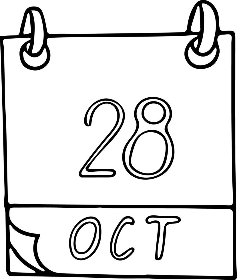 calendrier dessiné à la main dans un style doodle. 28 octobre. journée internationale de l'animation, date. icône, élément autocollant pour la conception. planification, vacances d'affaires vecteur