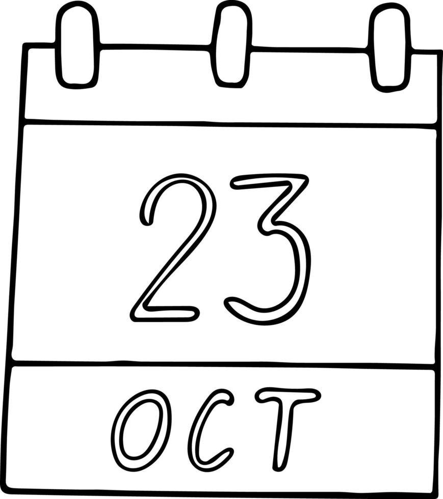 calendrier dessiné à la main dans un style doodle. 23 octobre. journée internationale du léopard des neiges, date. icône, élément autocollant pour la conception. planification, vacances d'affaires vecteur