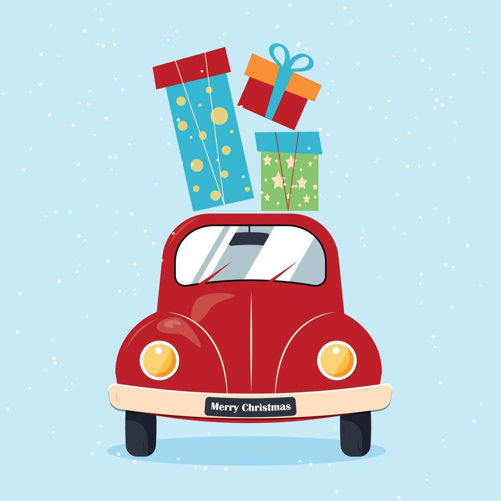 voiture rétro rouge pour noël avec des cadeaux sur le toit. la carte ou l'affiche de joyeux noël peut être utilisée comme impression sur des souvenirs et des vêtements pour noël vecteur