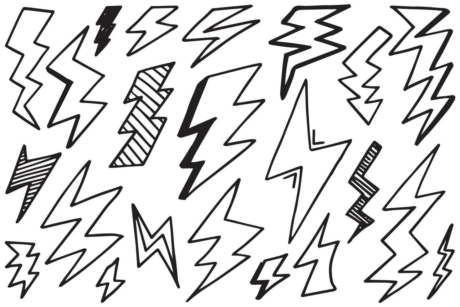 ensemble d'illustrations de croquis de symbole d'éclair électrique doodle vecteur dessinés à la main. icône de doodle de symbole de tonnerre.