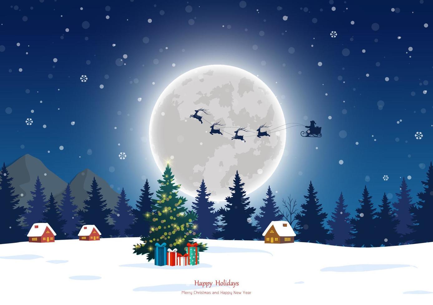 joyeux noël et bonne année carte de voeux avec le père noël et la pleine lune la nuit d'hiver vecteur