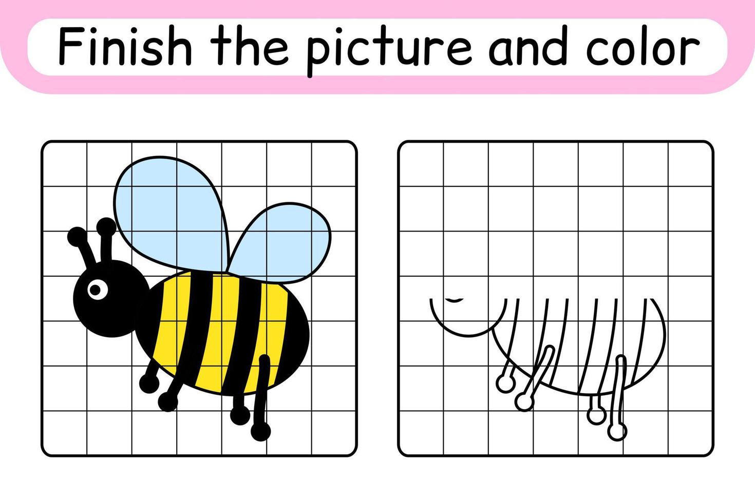 compléter le tableau abeille. copier l'image et la couleur. terminer l'image. livre de coloriage. jeu d'exercices de dessin éducatif pour les enfants vecteur