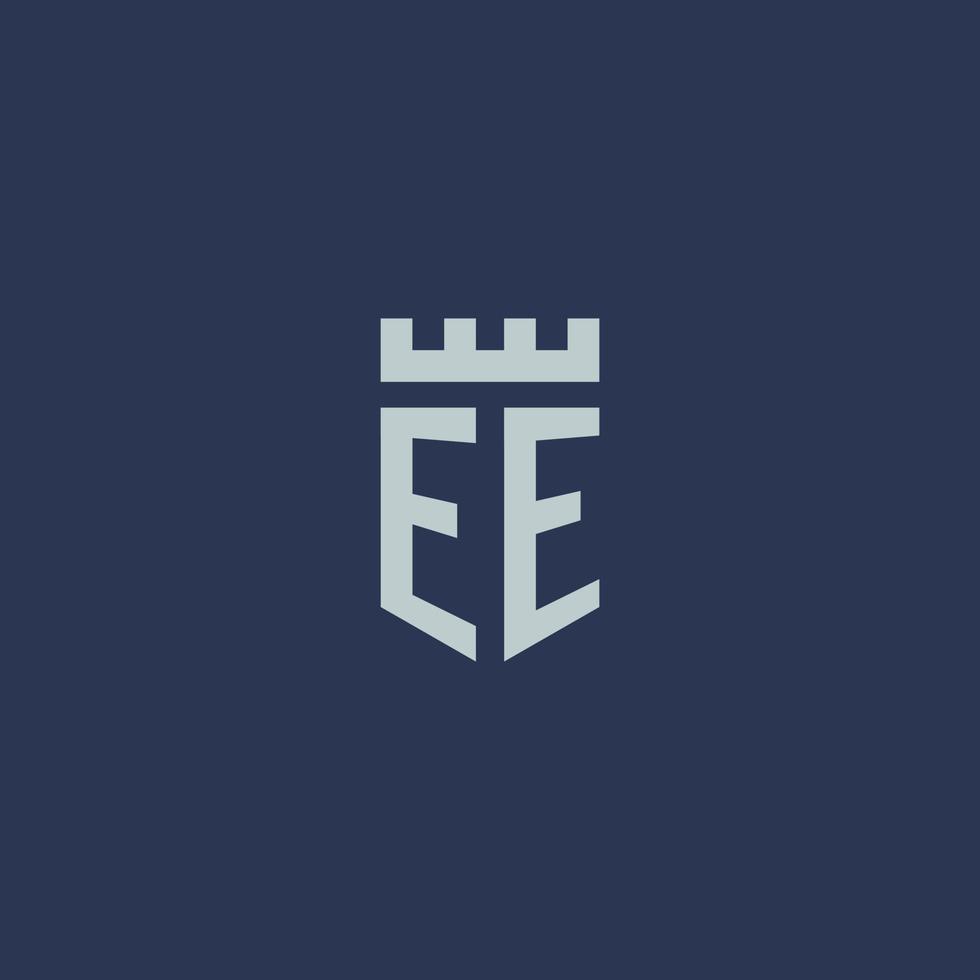 monogramme du logo ee avec un château de forteresse et un design de style bouclier vecteur