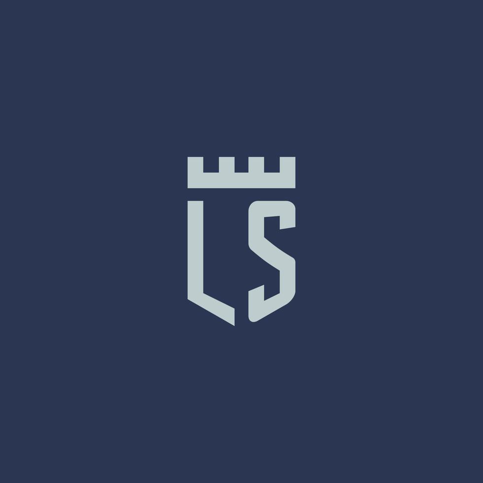 monogramme du logo ls avec un château de forteresse et un design de style bouclier vecteur