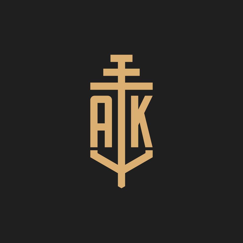 monogramme de logo initial ak avec vecteur de conception d'icône de pilier