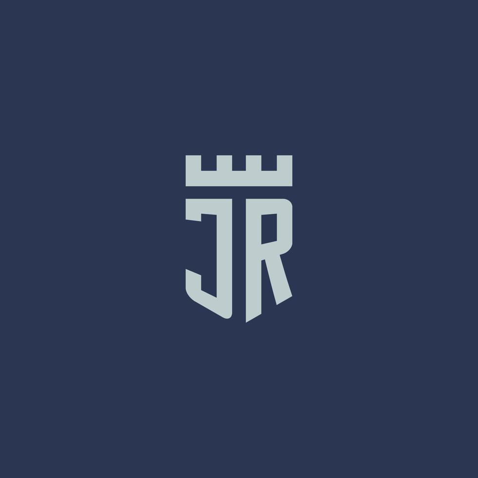 monogramme du logo jr avec un château de forteresse et un design de style bouclier vecteur