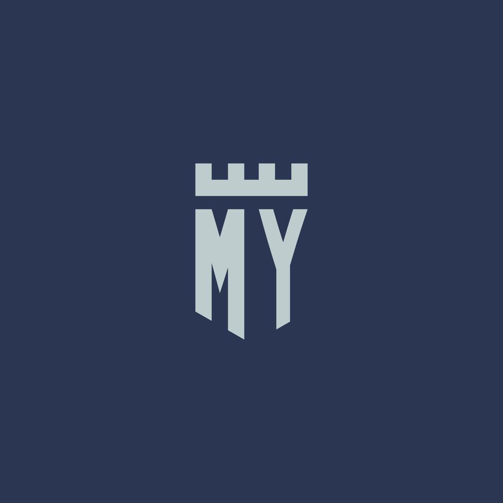 mon monogramme de logo avec un château de forteresse et un design de style bouclier vecteur