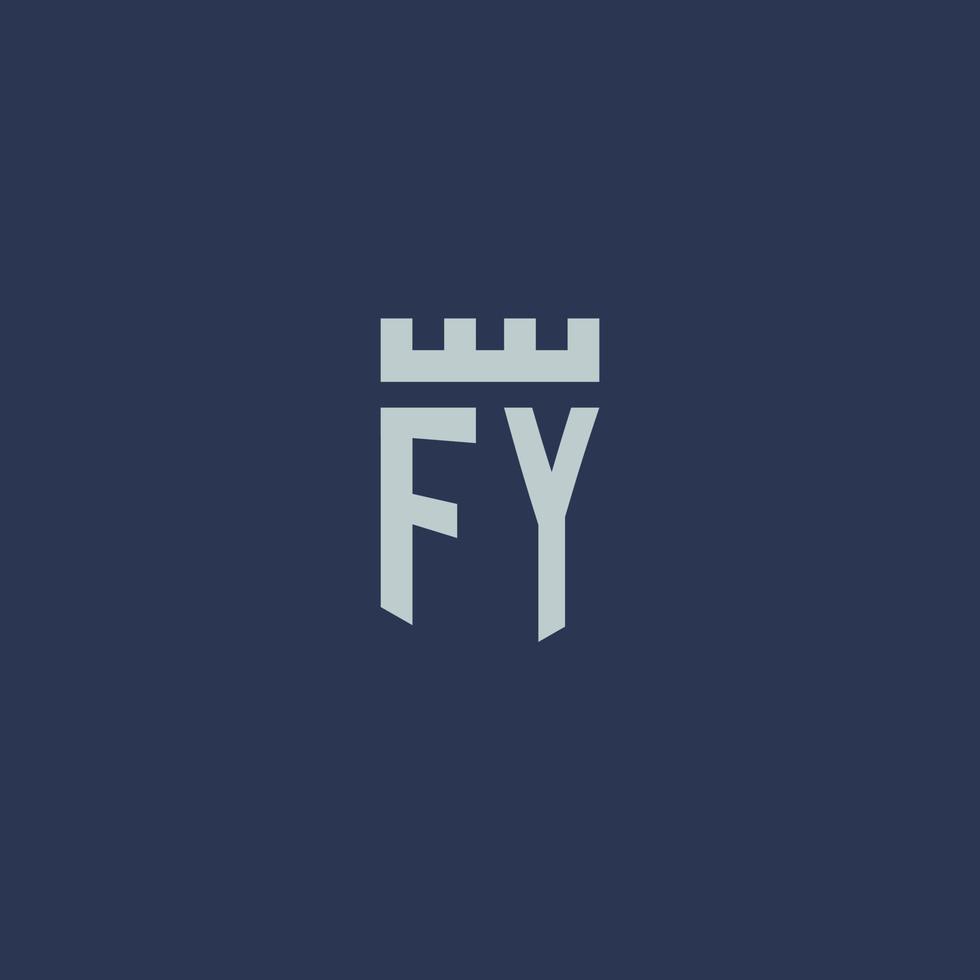 monogramme du logo fy avec un château de forteresse et un design de style bouclier vecteur