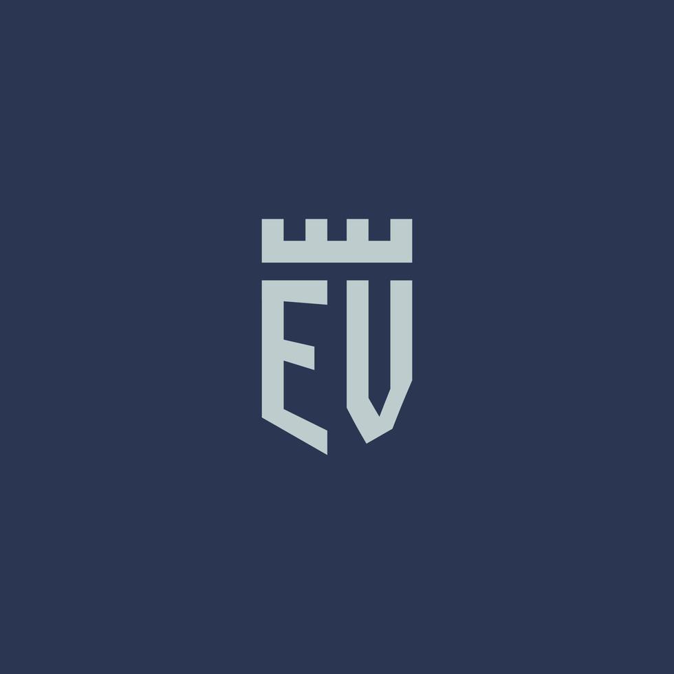 monogramme du logo ev avec un château de forteresse et un design de style bouclier vecteur