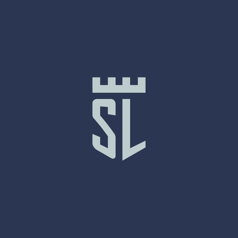 monogramme du logo sl avec un château de forteresse et un design de style bouclier vecteur