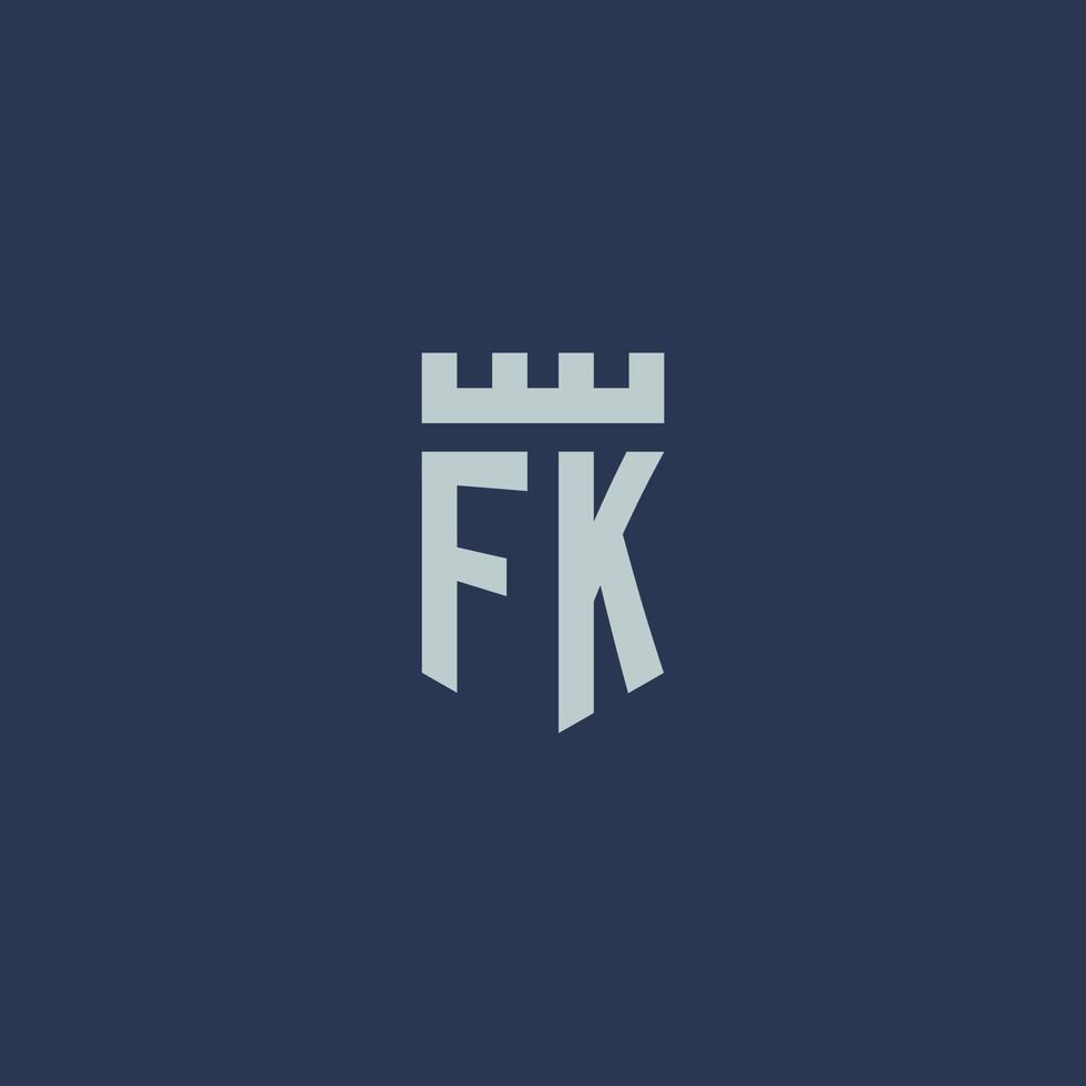 monogramme du logo fk avec un château de forteresse et un design de style bouclier vecteur