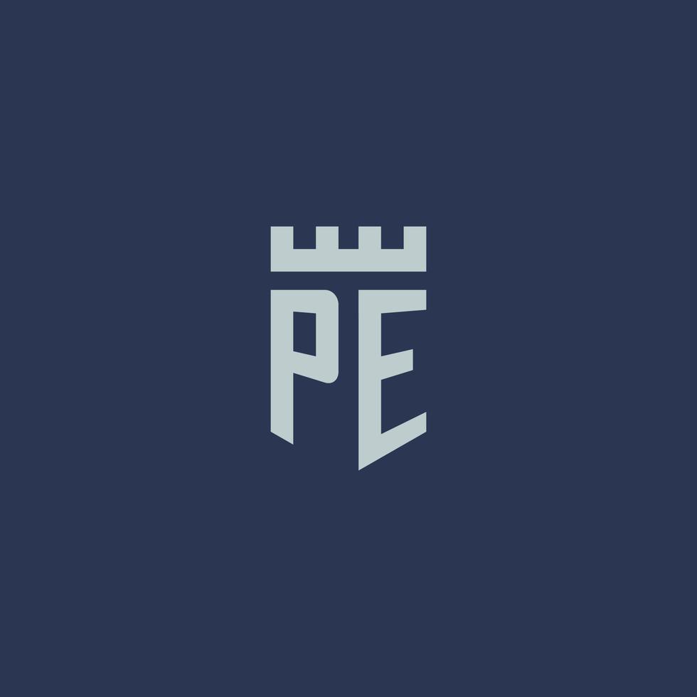 monogramme du logo pe avec un château de forteresse et un design de style bouclier vecteur