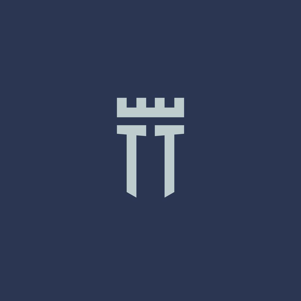 monogramme du logo tt avec un château de forteresse et un design de style bouclier vecteur