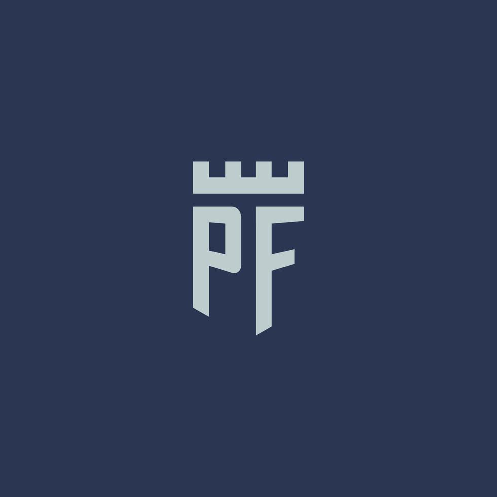 monogramme du logo pf avec un château de forteresse et un design de style bouclier vecteur