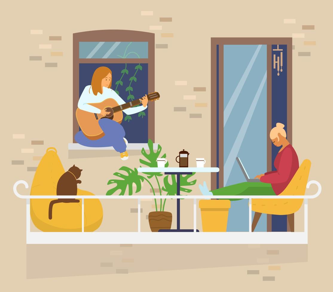 couple homosexuel sur un balcon confortable avec table basse, chat et plantes. activités à domicile. travail à domicile. jouer de la guitare. extérieur de la maison. illustration vectorielle plane. vecteur