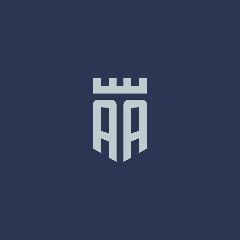 monogramme du logo aa avec un château de forteresse et un design de style bouclier vecteur