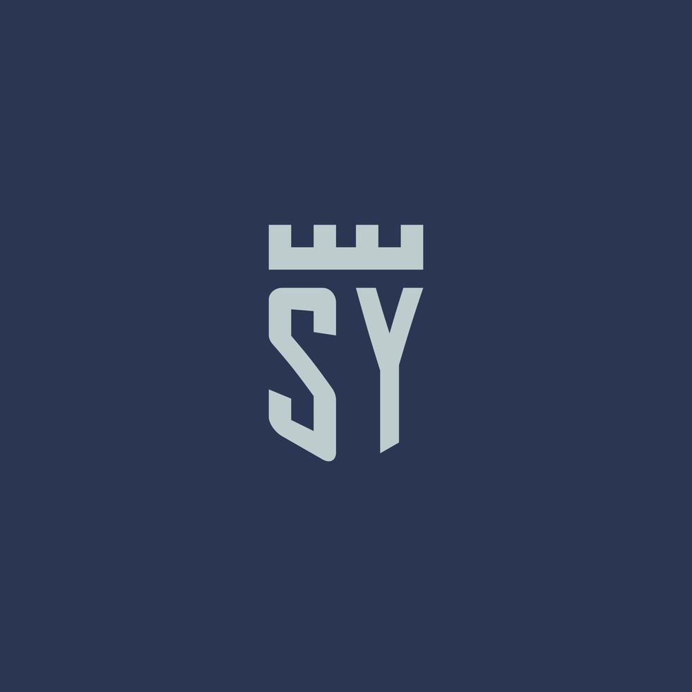 monogramme du logo sy avec un château de forteresse et un design de style bouclier vecteur