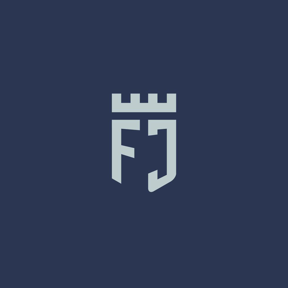 monogramme du logo fj avec un château de forteresse et un design de style bouclier vecteur