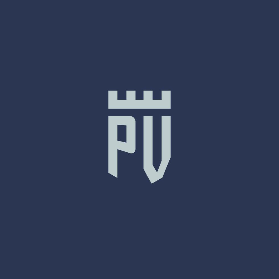monogramme du logo pv avec un château de forteresse et un design de style bouclier vecteur