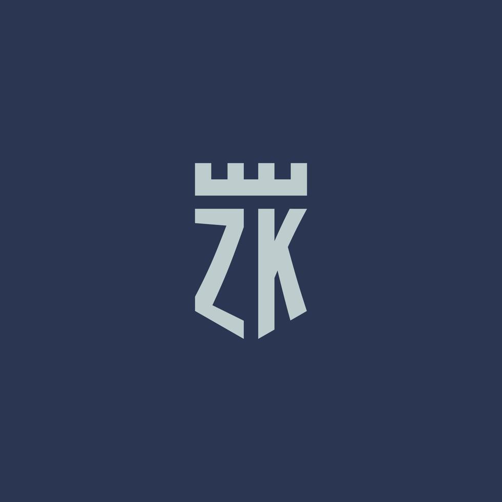 monogramme du logo zk avec un château de forteresse et un design de style bouclier vecteur