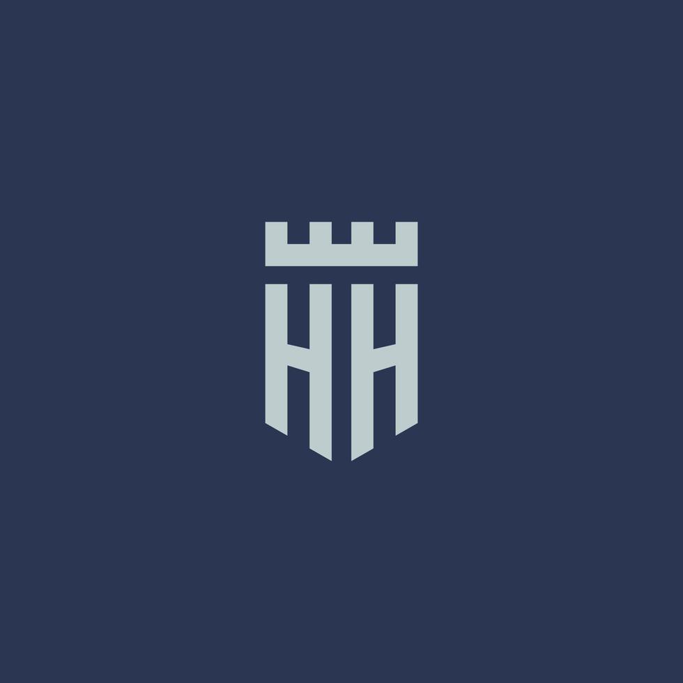 monogramme du logo hh avec un château de forteresse et un design de style bouclier vecteur