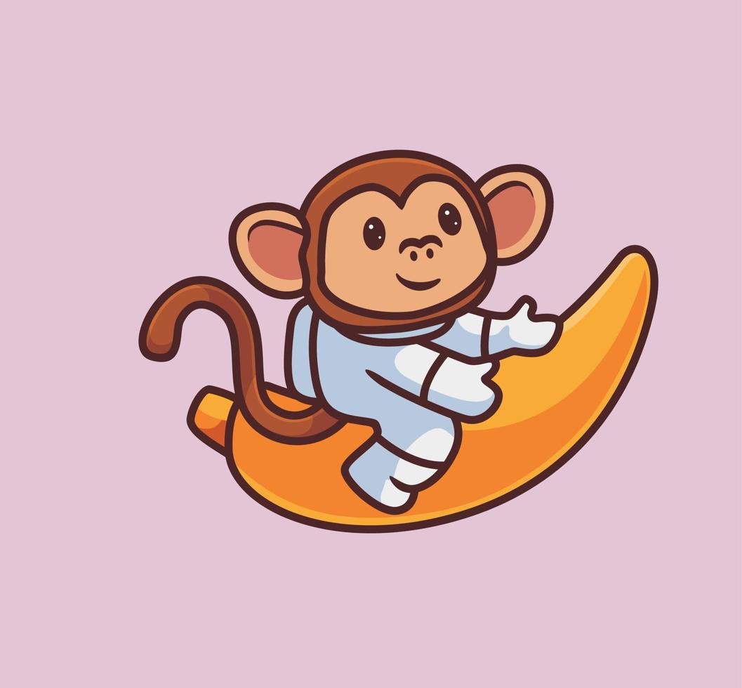 Joli costume de singe astronaute chevauchant une fusée banane. illustration de nature animale de dessin animé isolé. style plat adapté au vecteur de logo premium de conception d'icône d'autocollant. personnage mascotte