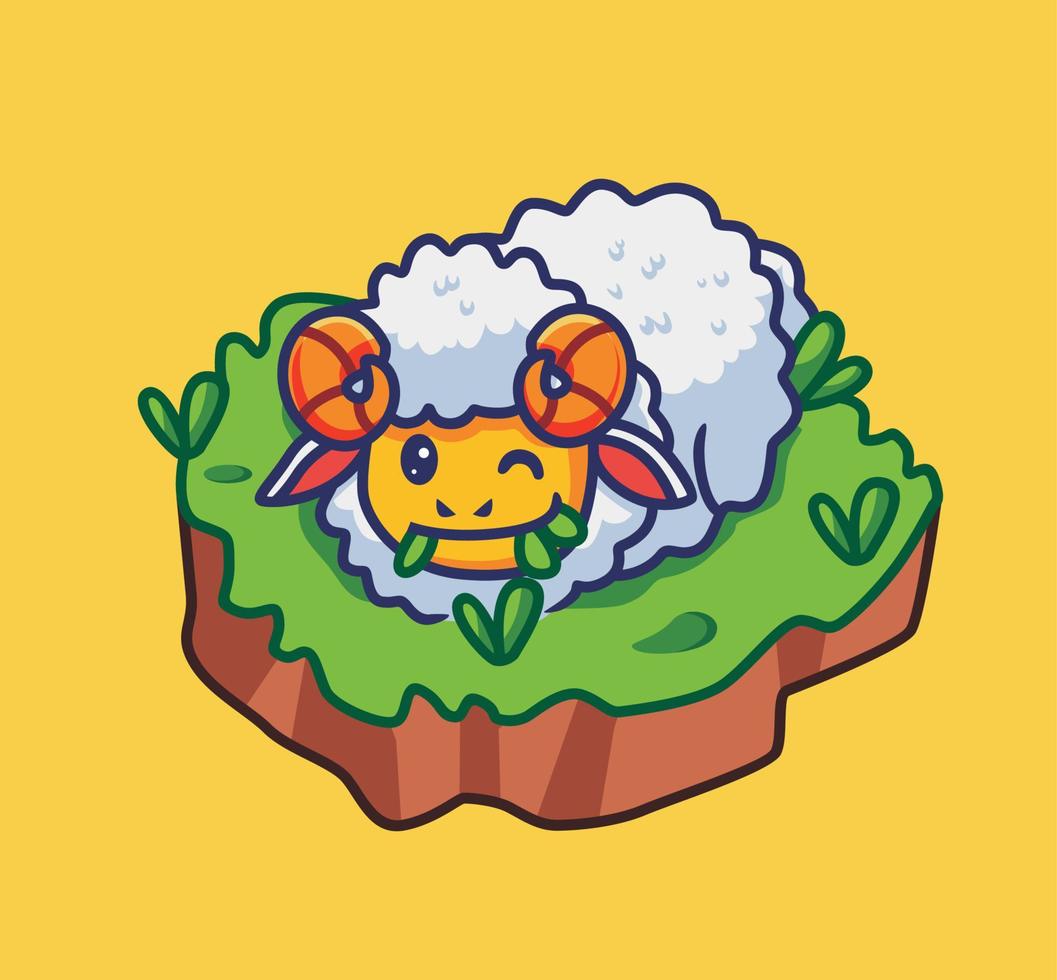 chèvre mignonne mangeant de l'herbe. illustration de nature animale de dessin animé isolé. style plat adapté au vecteur de logo premium de conception d'icône d'autocollant. personnage mascotte