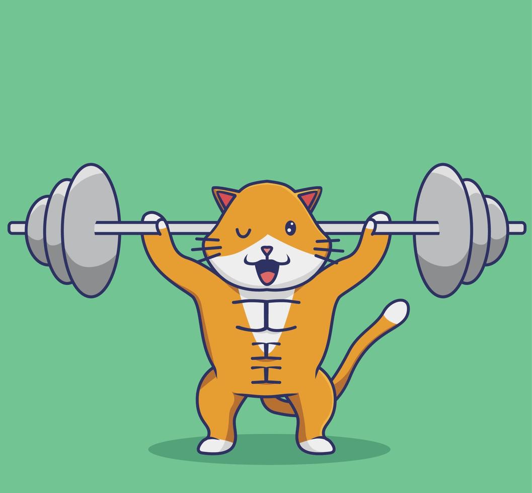 mignon dessin animé chat formation gym fitness en soulevant le poids de la barre et de l'haltère pour enfant. animal dessin animé plat style icône illustration logo vectoriel premium