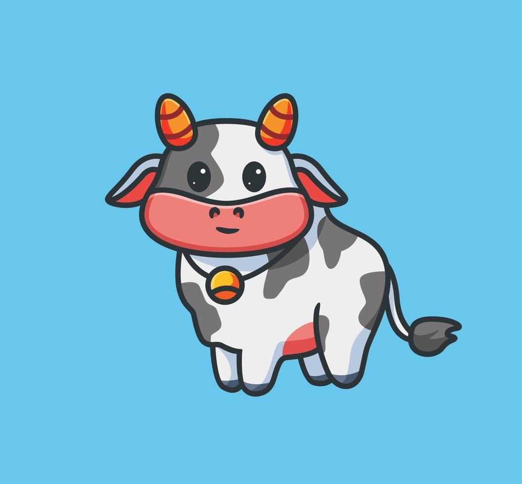 vache mignonne avec clochette sur le cou. illustration de nature animale de dessin animé isolé. style plat adapté au vecteur de logo premium de conception d'icône d'autocollant. personnage mascotte