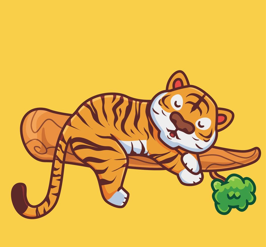 le tigre mignon dort sur l'arbre. illustration de nature animale de dessin animé isolé. style plat adapté au vecteur de logo premium de conception d'icône d'autocollant. personnage mascotte