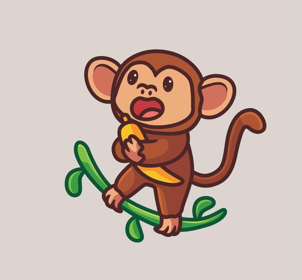 singe mignon mangeant de la banane sur l'arbre de branches. illustration de nature animale de dessin animé isolé. style plat adapté au vecteur de logo premium de conception d'icône d'autocollant. personnage mascotte