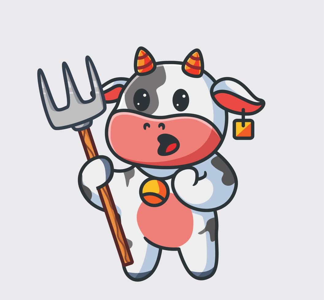 jolie vache travaillant comme agriculteur tenant une houe. illustration de nature animale de dessin animé isolé. style plat adapté au vecteur de logo premium de conception d'icône d'autocollant. personnage mascotte